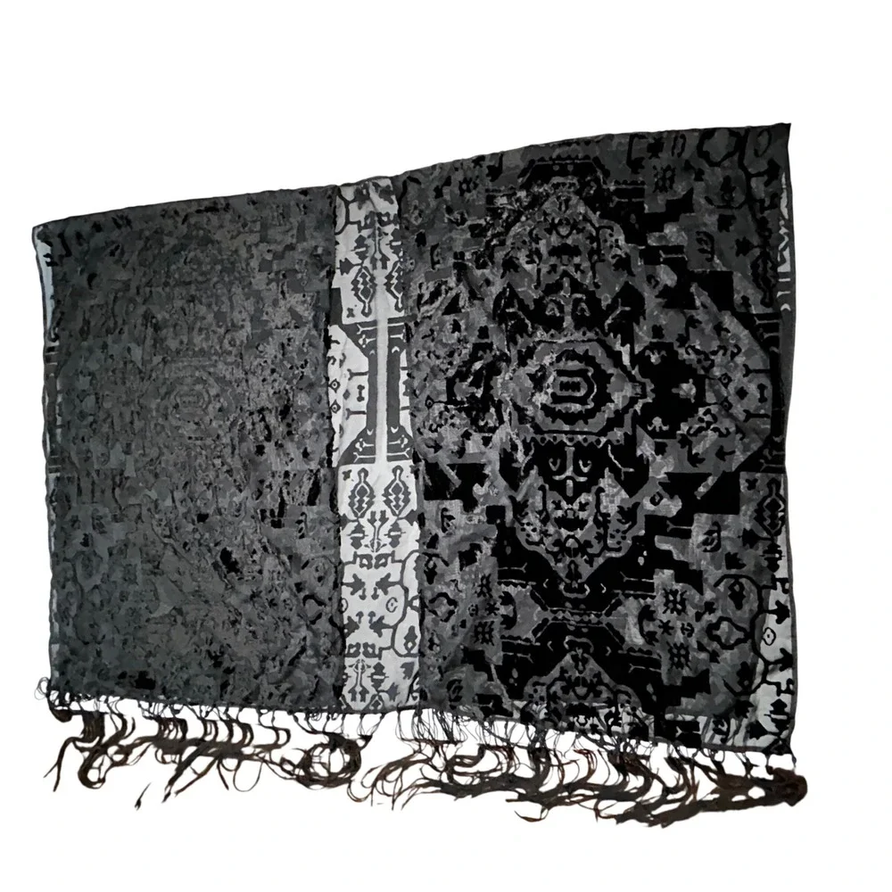 Black Velvet Burnout Shawl Scarf Large Fringe Wrap Damask Geometric Sheer Boho